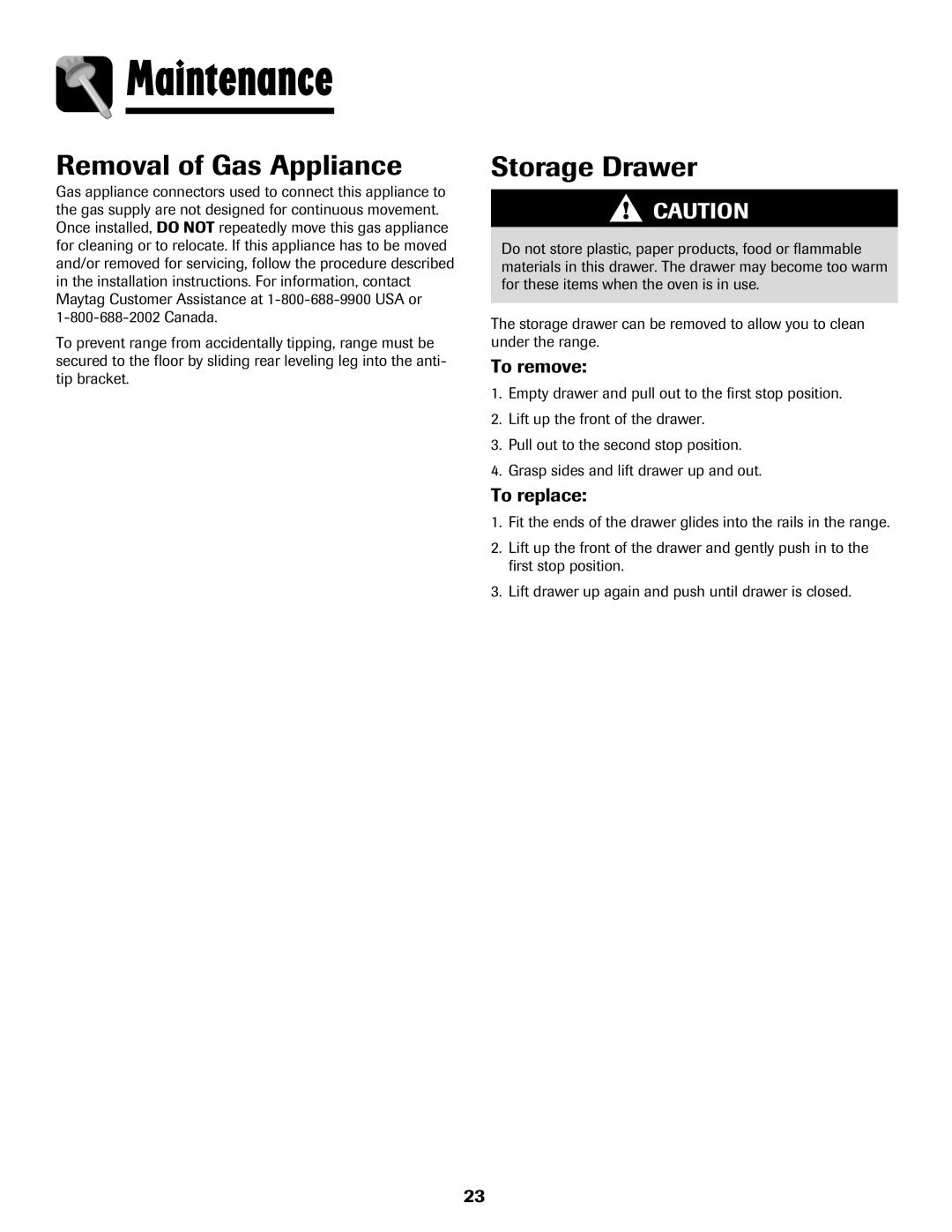 Maytag MGR5775QDW manual Removal of Gas Appliance, Storage Drawer 