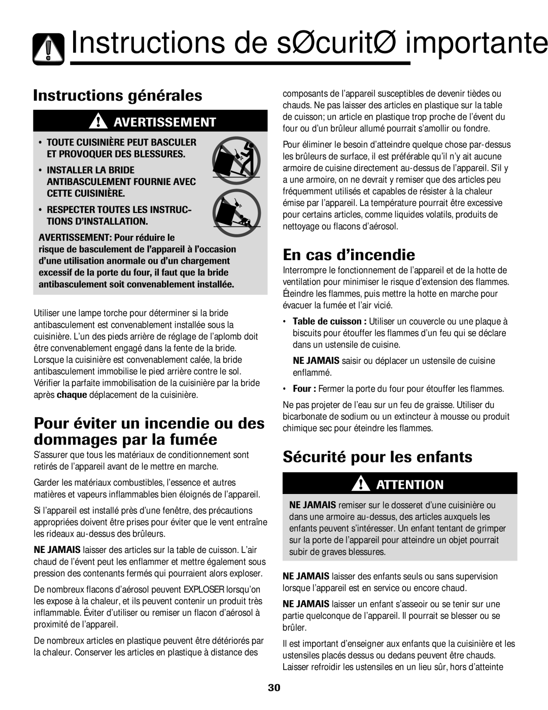 Maytag MGR5775QDW manual Instructions générales, Pour éviter un incendie ou des dommages par la fumée, En cas d’incendie 