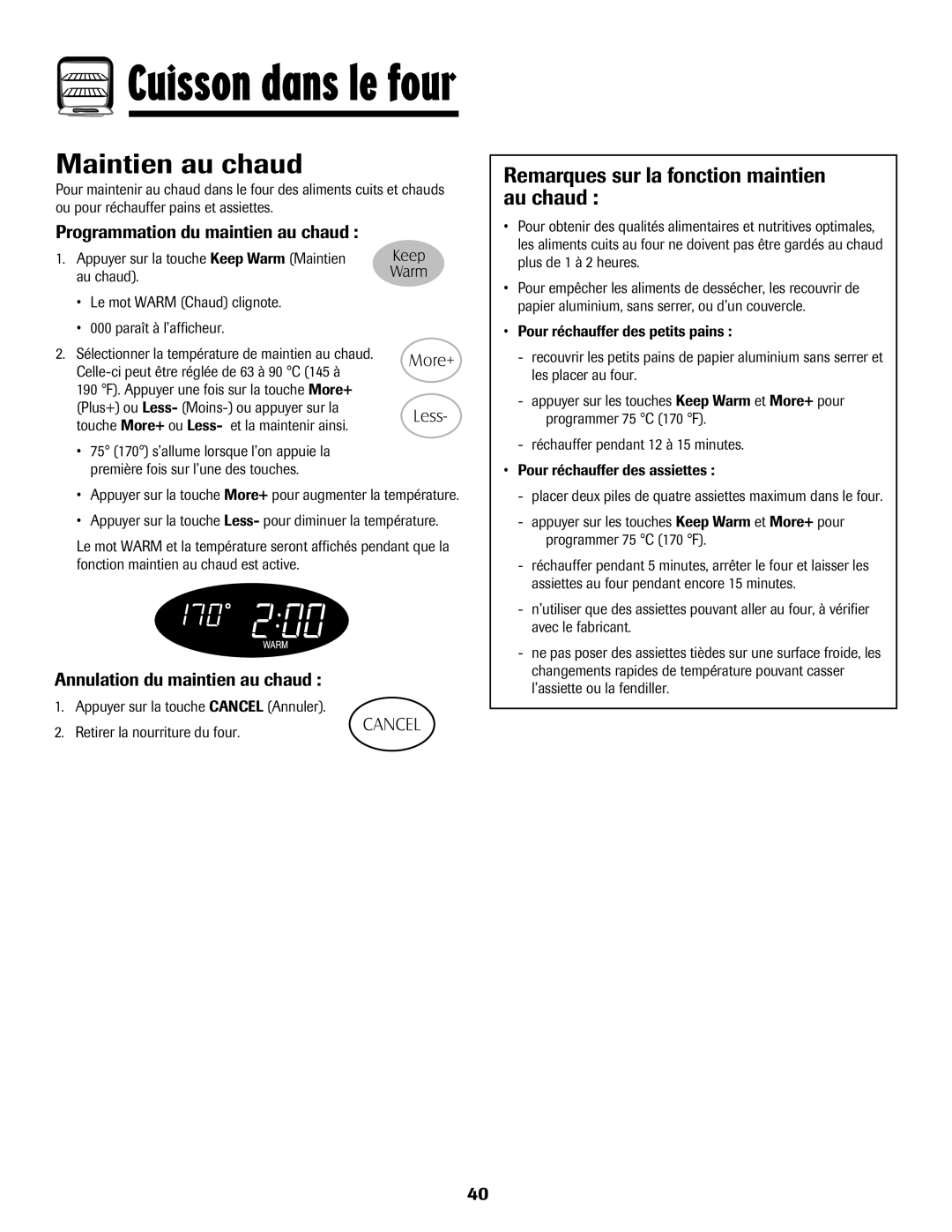 Maytag MGR5775QDW manual Maintien au chaud, Remarques sur la fonction maintien au chaud, Programmation du maintien au chaud 