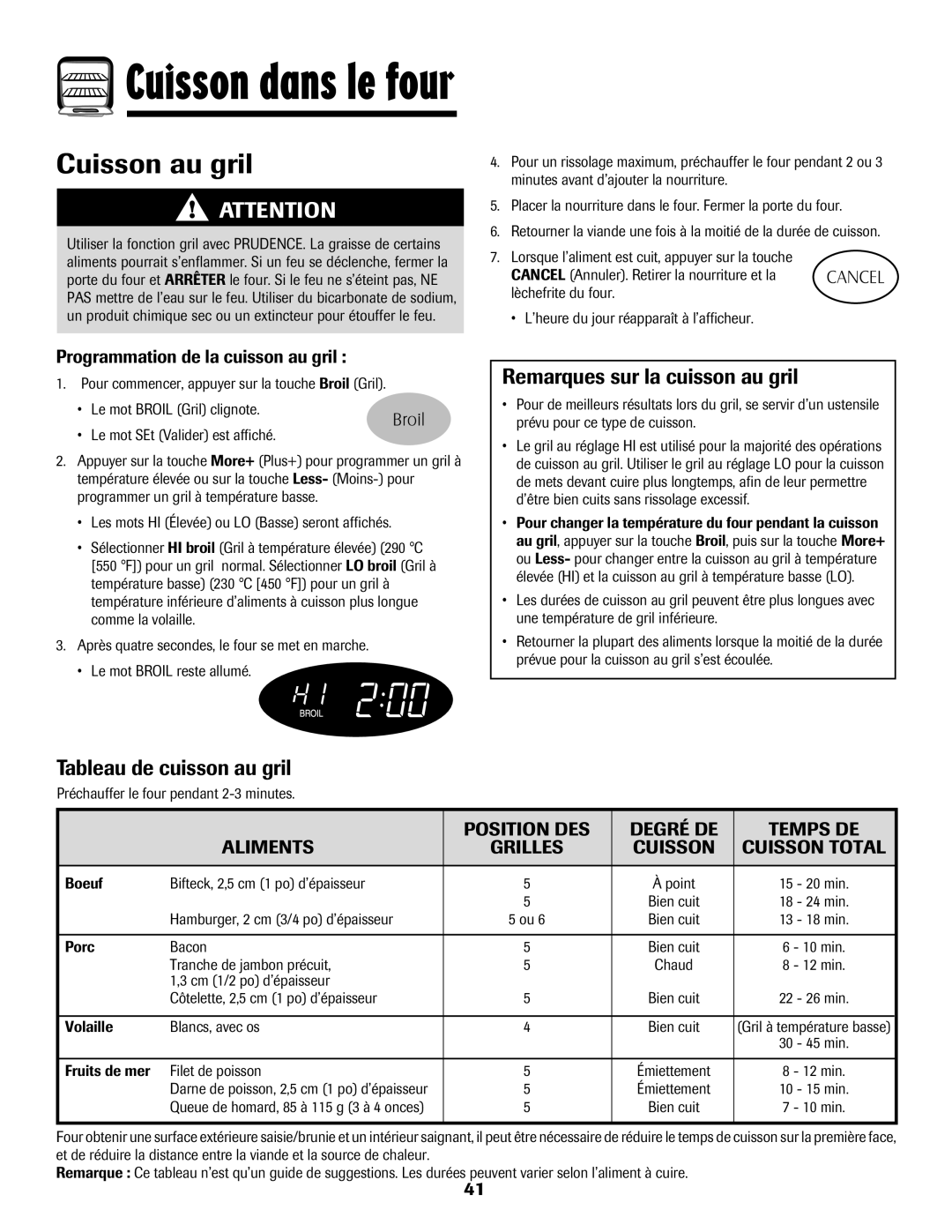 Maytag MGR5775QDW manual Cuisson au gril, Remarques sur la cuisson au gril, Tableau de cuisson au gril 