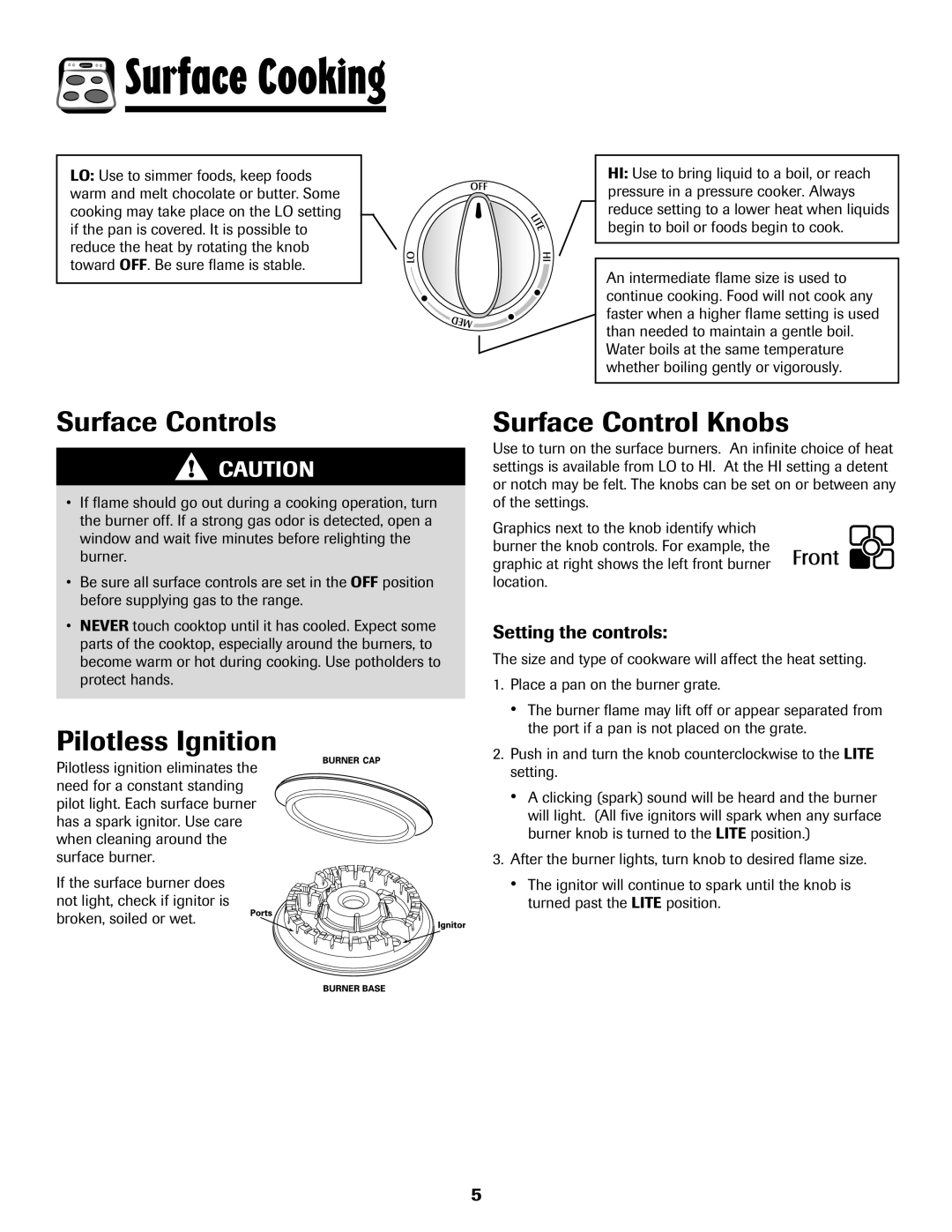 Maytag MGR5775QDW manual Surface Cooking, Surface Controls, Pilotless Ignition, Surface Control Knobs, Setting the controls 