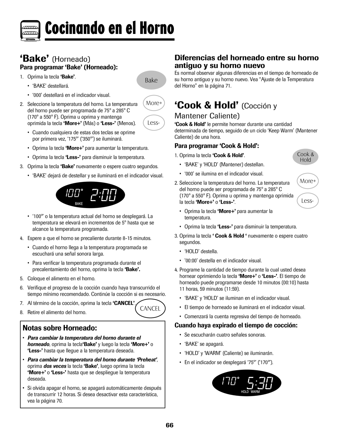 Maytag MGR5775QDW manual ‘Cook & Hold’ Cocción y, ‘Bake’ Horneado, Mantener Caliente, Notas sobre Horneado 