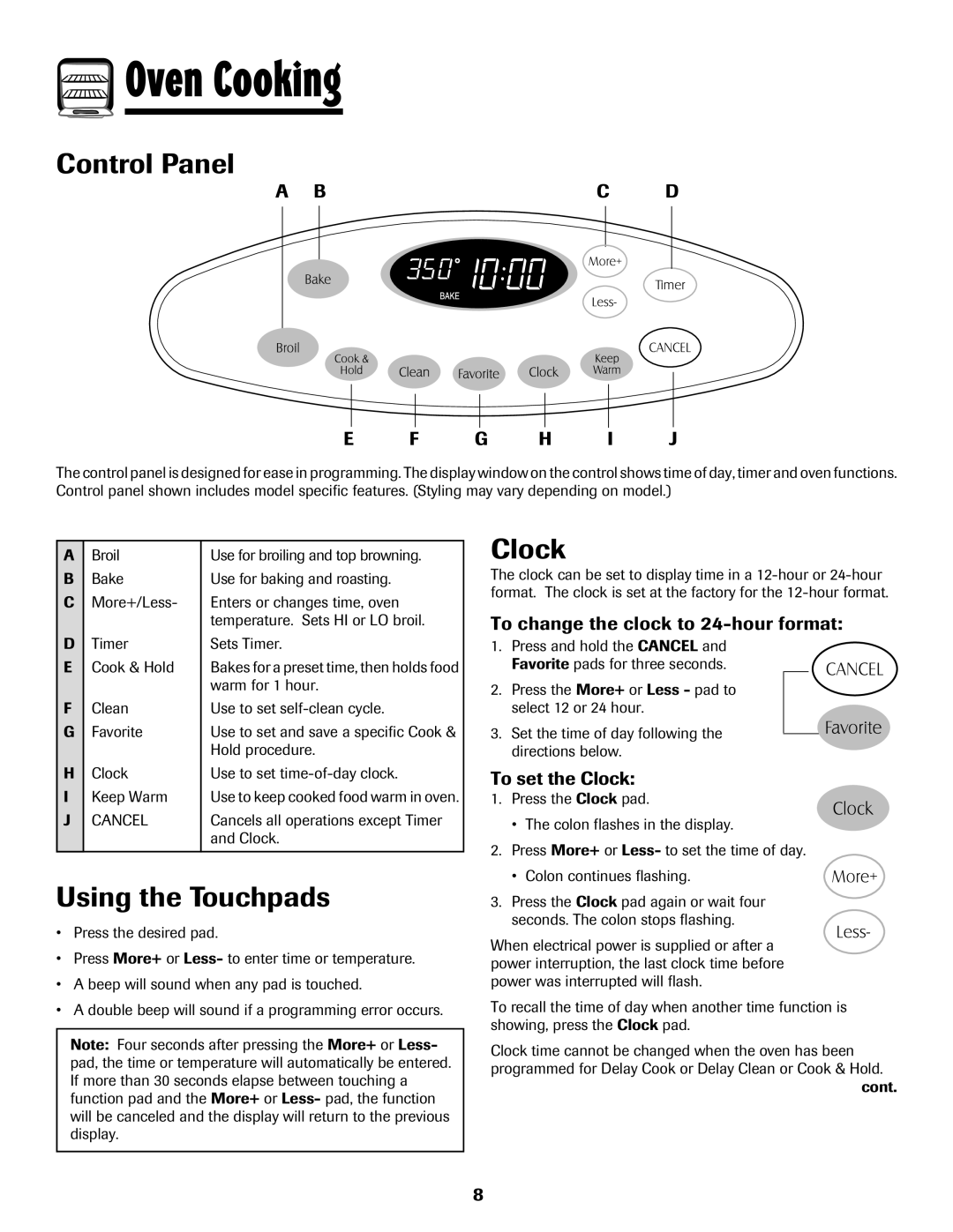Maytag MGR5775QDW manual Oven Cooking, Control Panel, Using the Touchpads, Clock, Bc D G H I J 