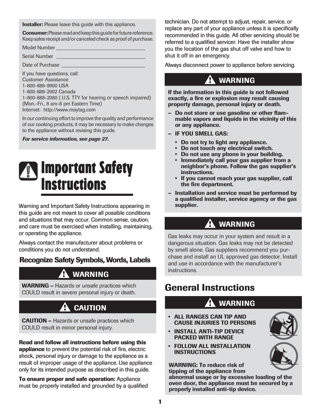 Maytag MGR5775QDW manual Important Safety, General Instructions, Recognize Safety Symbols, Words, Labels 
