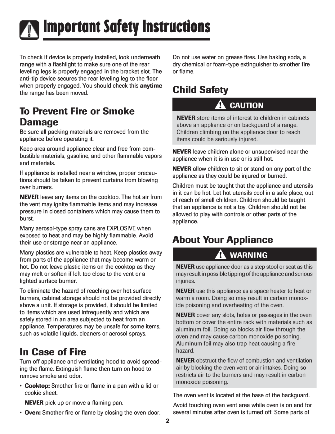 Maytag MGR5775QDW manual Important Safety Instructions, To Prevent Fire or Smoke Damage, In Case of Fire, Child Safety 