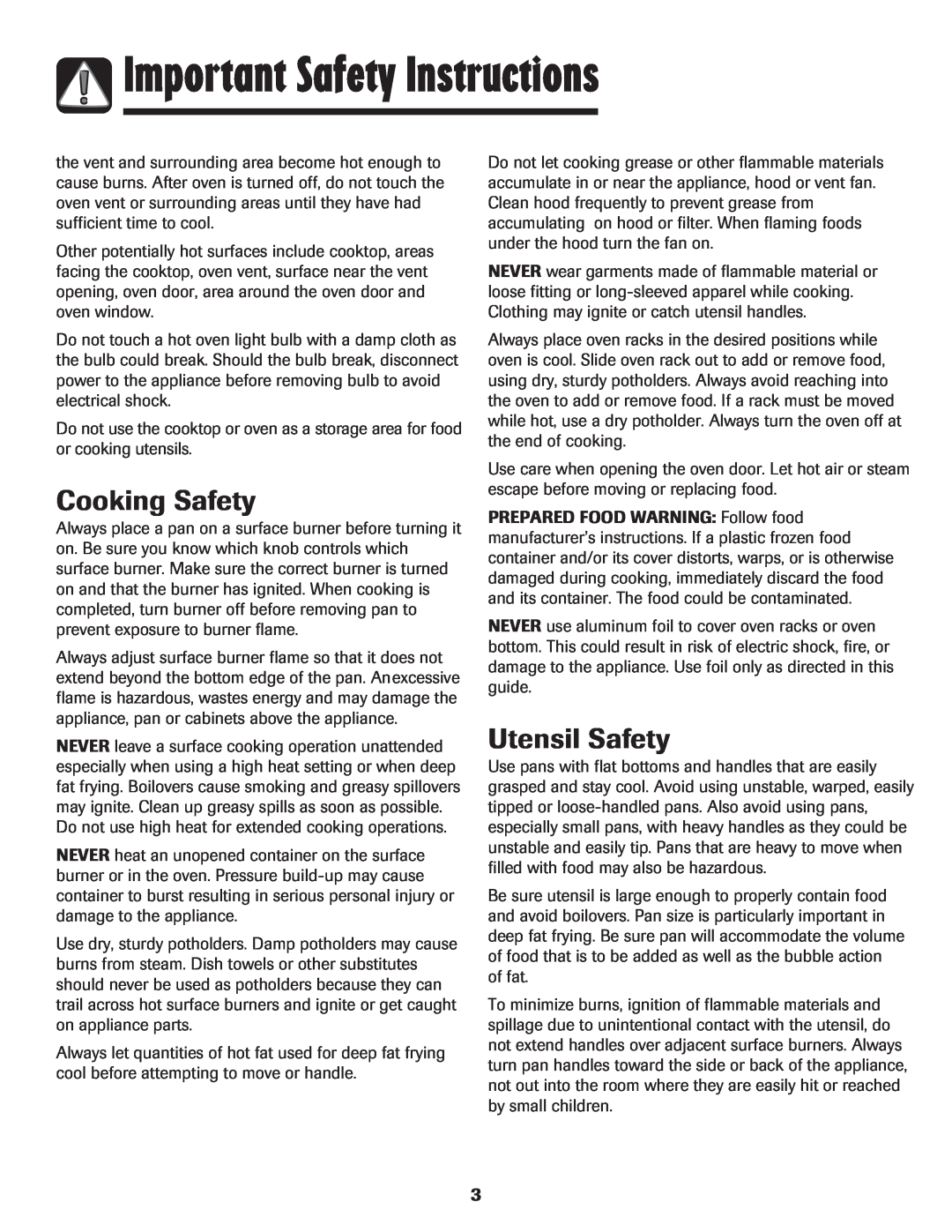 Maytag MGR5775QDW manual Cooking Safety, Utensil Safety, Important Safety Instructions 