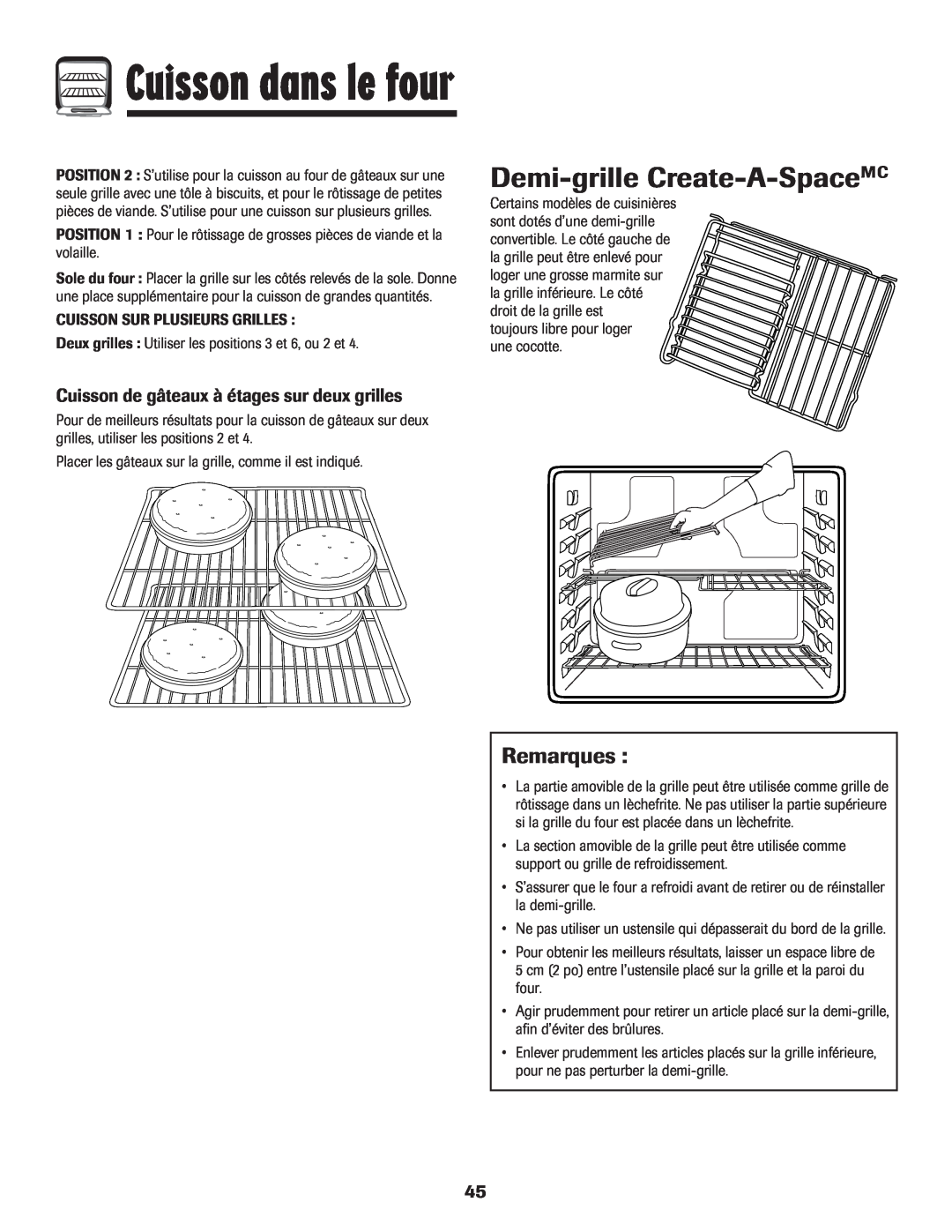 Maytag MGR5775QDW manual Demi-grille Create-A-SpaceMC, Cuisson de gâteaux à étages sur deux grilles, Cuisson dans le four 