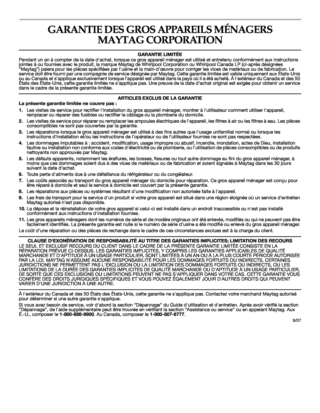 Maytag MGR5775QDW manual Garantie Des Gros Appareils Ménagers Maytag Corporation, Garantie Limitée 