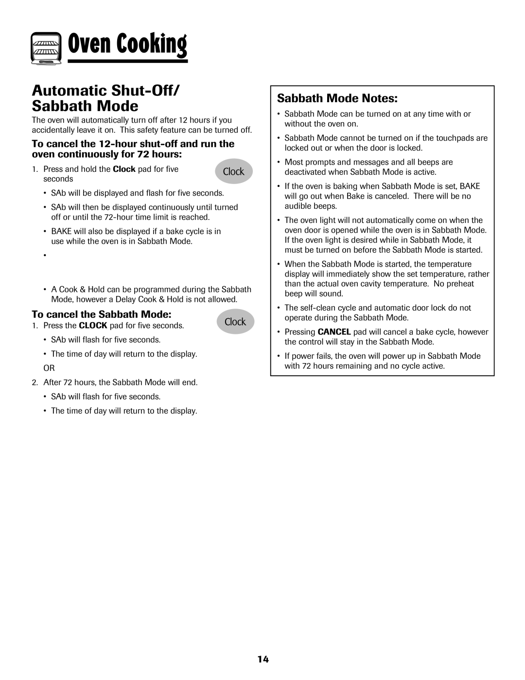 Maytag MGR5875QDW Automatic Shut-Off Sabbath Mode, Sabbath Mode Notes, To cancel the Sabbath Mode 