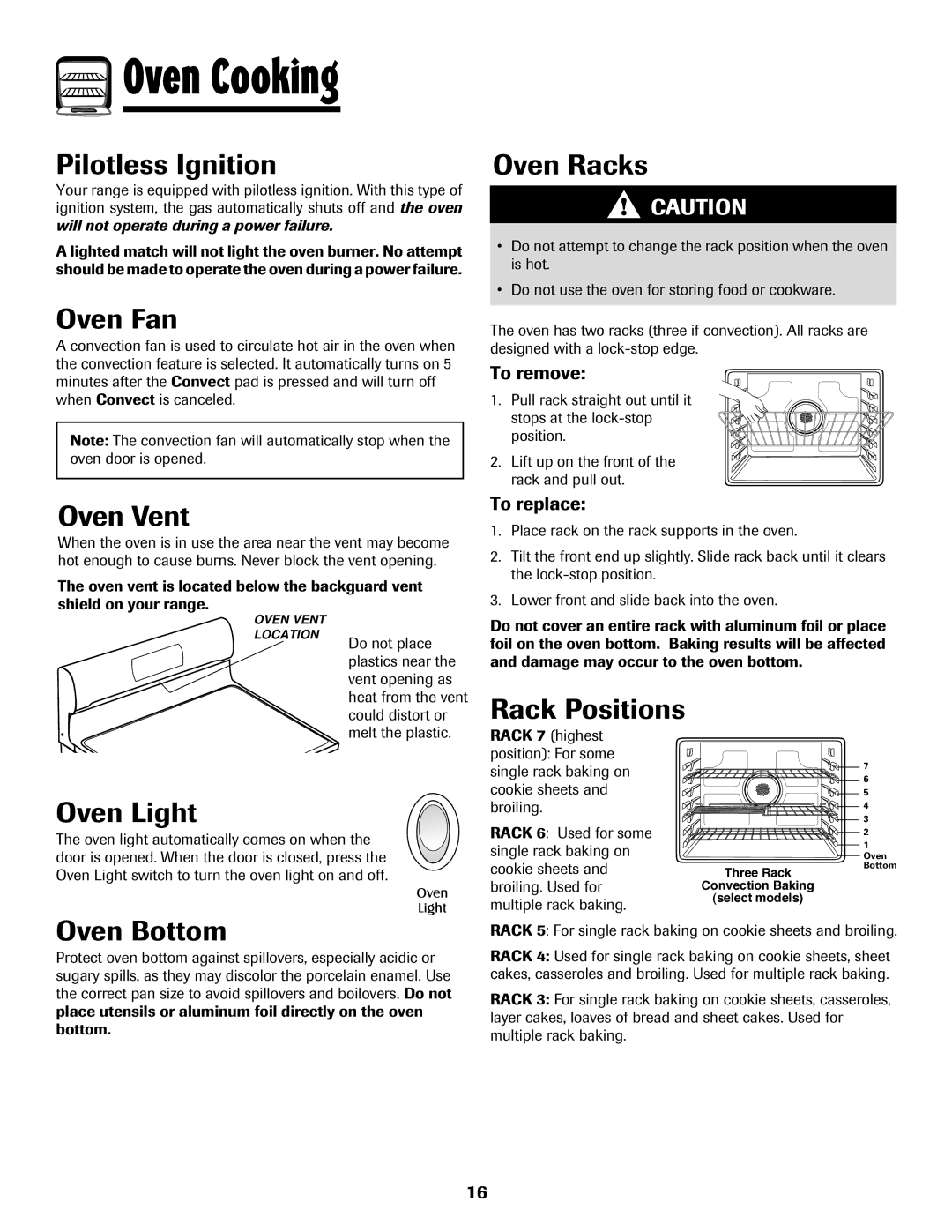 Maytag MGR5875QDW important safety instructions Oven Fan, Oven Vent, Oven Racks, Oven Light, Rack Positions, Oven Bottom 