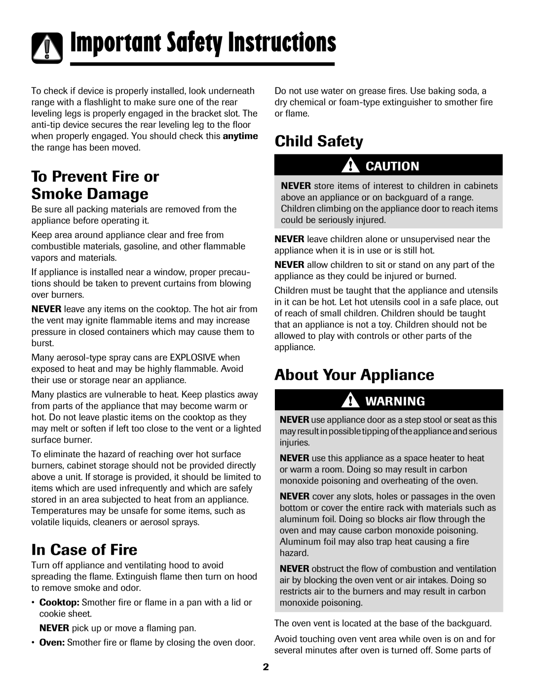 Maytag MGR5875QDW Important Safety Instructions, To Prevent Fire or Smoke Damage, Case of Fire, Child Safety 