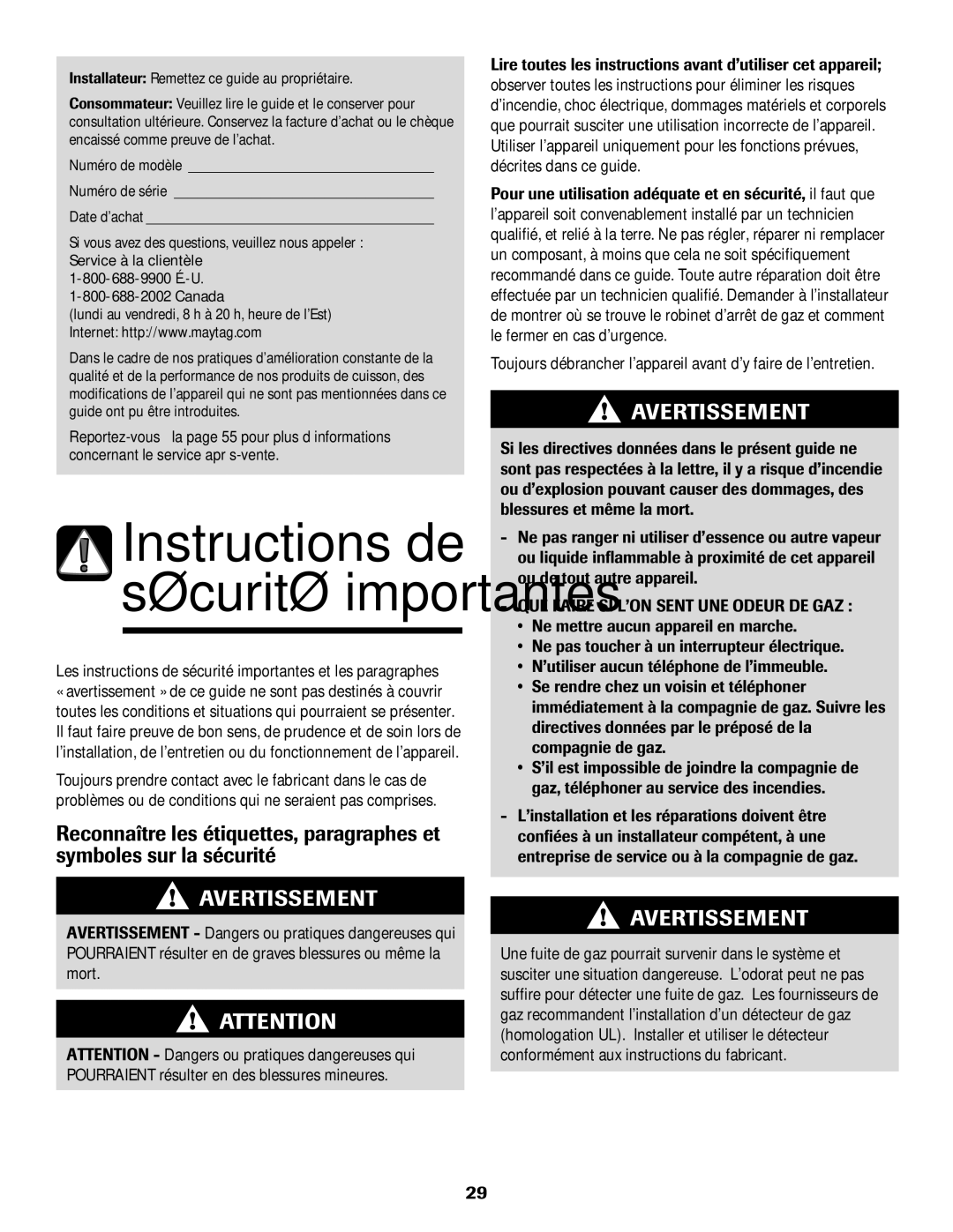 Maytag MGR5875QDW Instructions de sécurité importantes, Les instructions de sécurité importantes et les paragraphes 