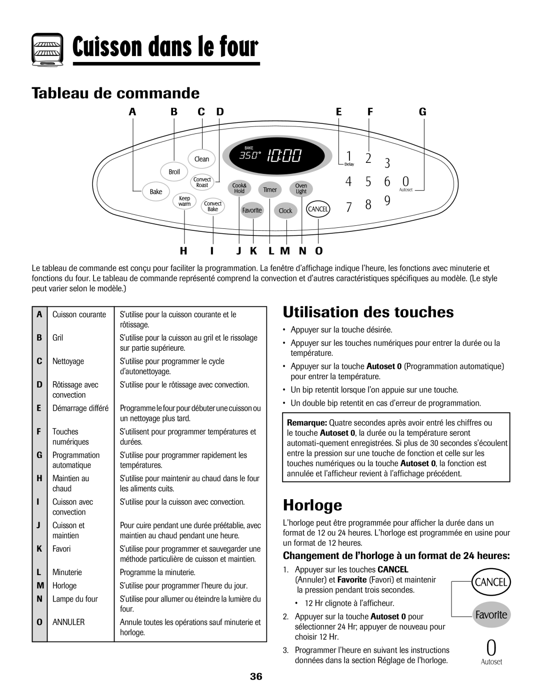 Maytag MGR5875QDW important safety instructions Cuisson dans le four, Tableau de commande, Utilisation des touches, Horloge 