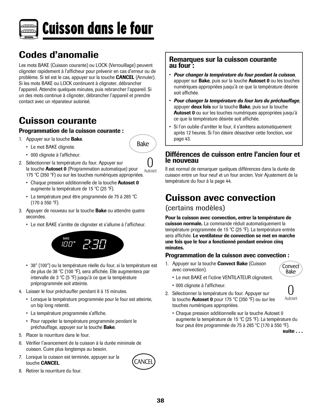 Maytag MGR5875QDW important safety instructions Codes d’anomalie, Cuisson courante, Cuisson avec convection 