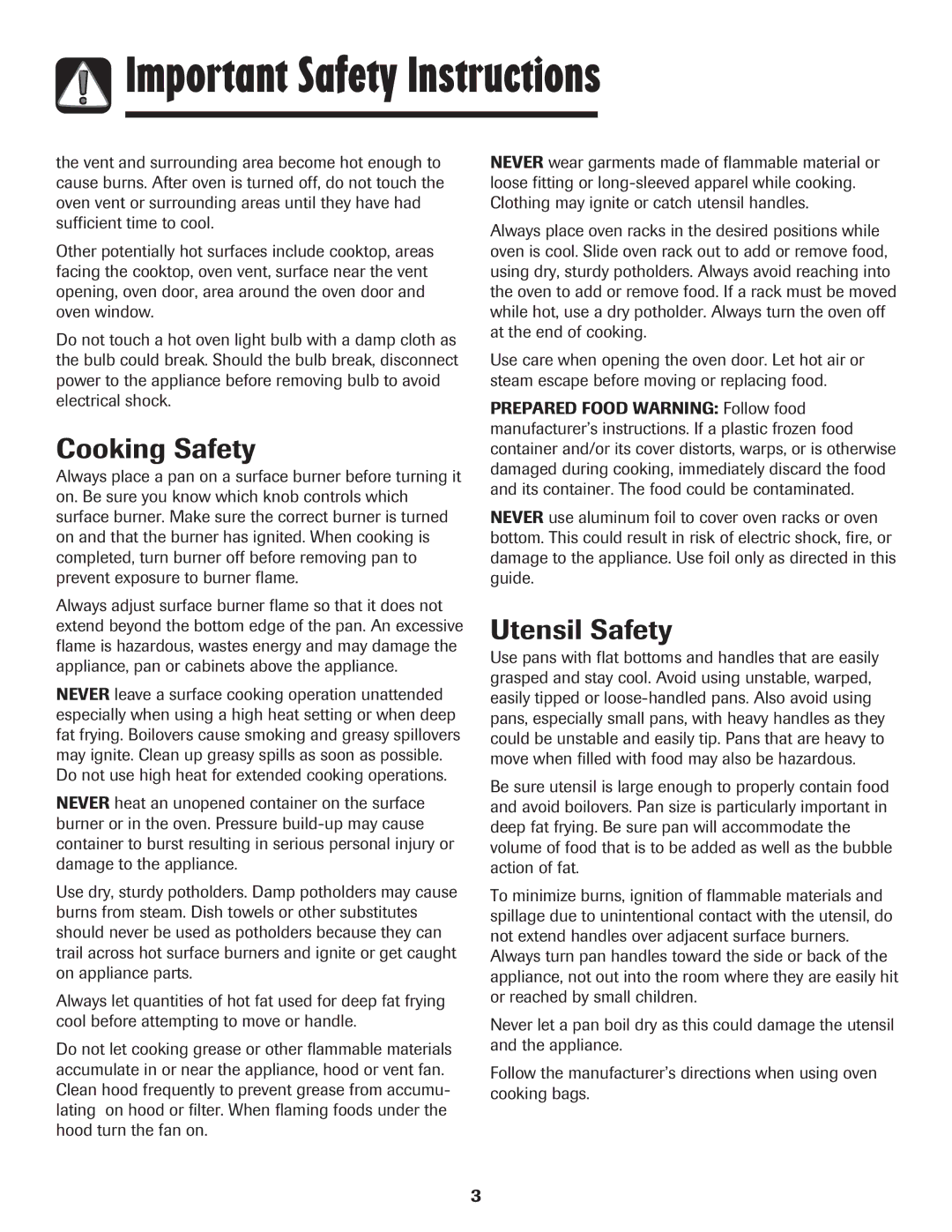 Maytag MGR5875QDW important safety instructions Cooking Safety, Utensil Safety 