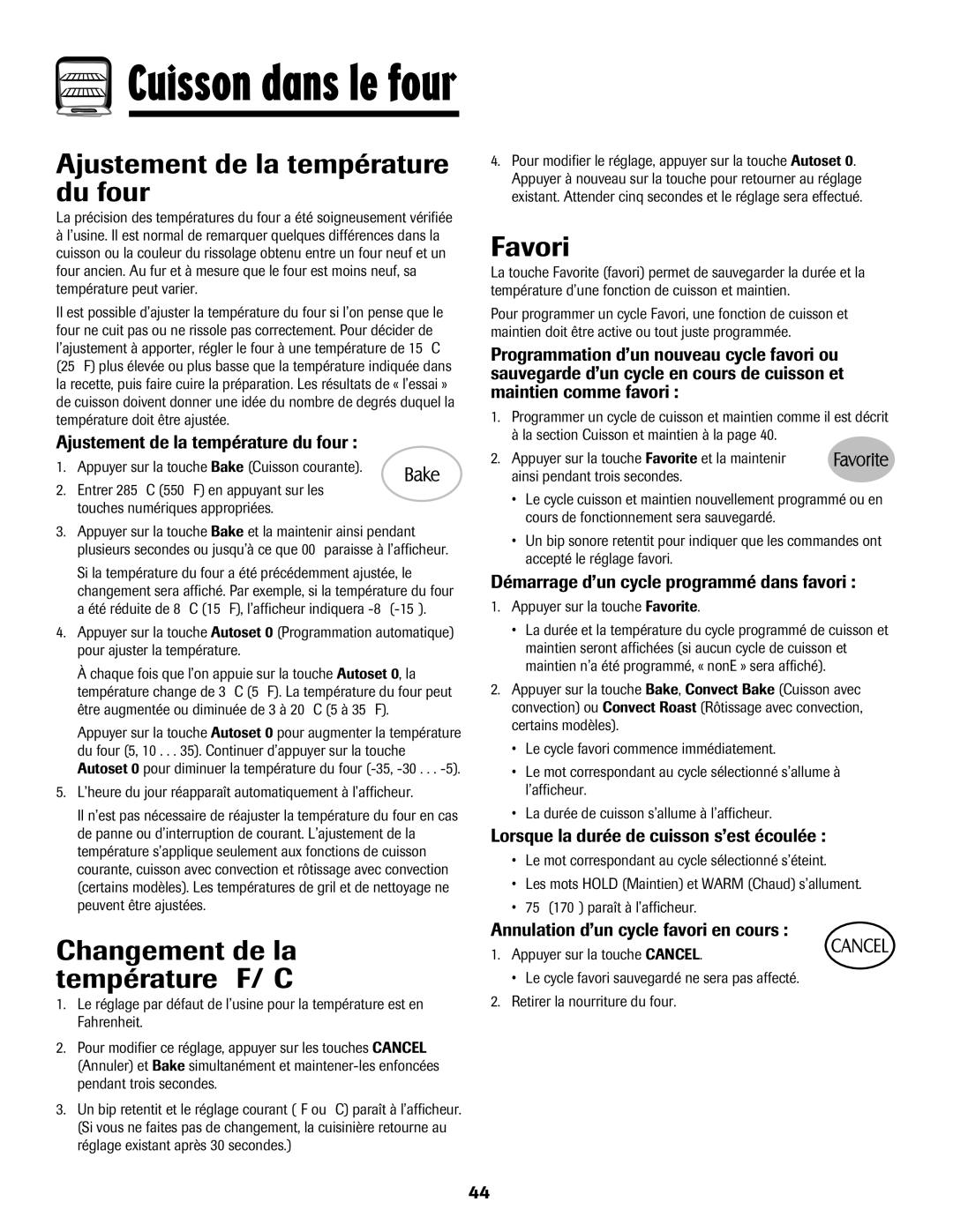 Maytag MGR5875QDW Ajustement de la température du four, Changement de la température F/C, Favori 