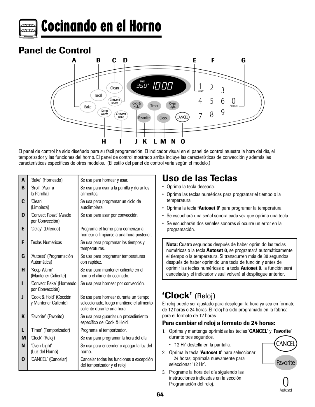 Maytag MGR5875QDW important safety instructions Cocinando en el Horno, Panel de Control, Uso de las Teclas, ‘Clock’ Reloj 