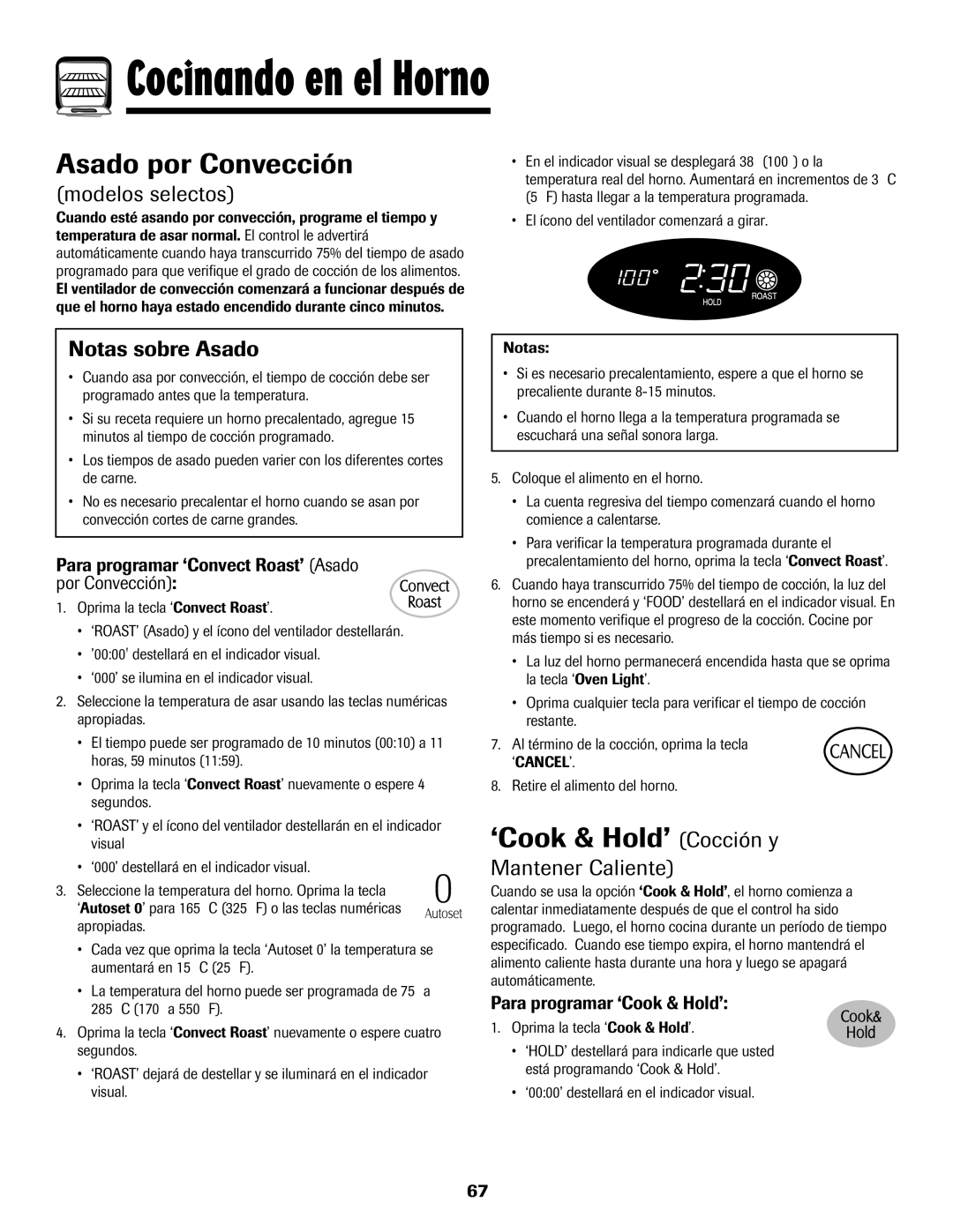 Maytag MGR5875QDW Asado por Convección, ‘Cook & Hold’ Cocción y, Notas sobre Asado, Mantener Caliente 