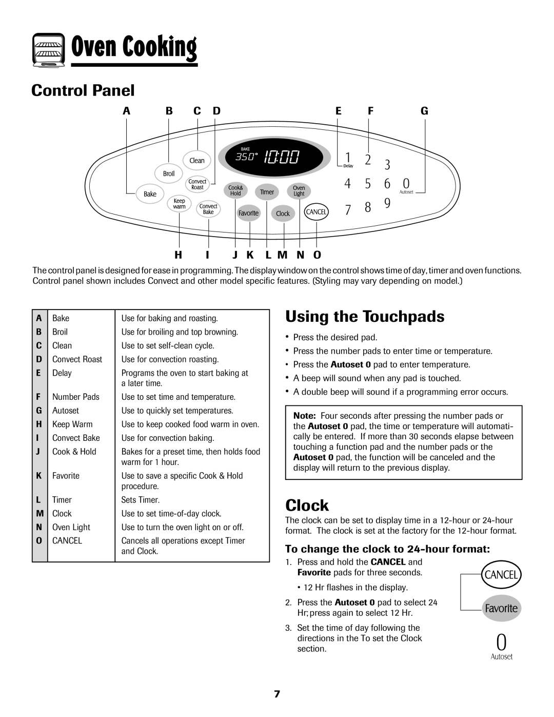 Maytag MGR5875QDW Oven Cooking, Control Panel, Using the Touchpads, Clock, C De F G J K L M N O 