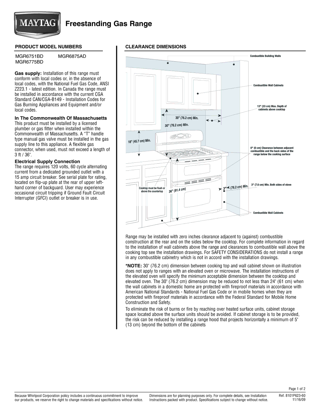 Maytag dimensions Freestanding Gas Range, Product Model Numbers, MGR6751BD MGR6875AD MGR6775BD, Clearance Dimensions 