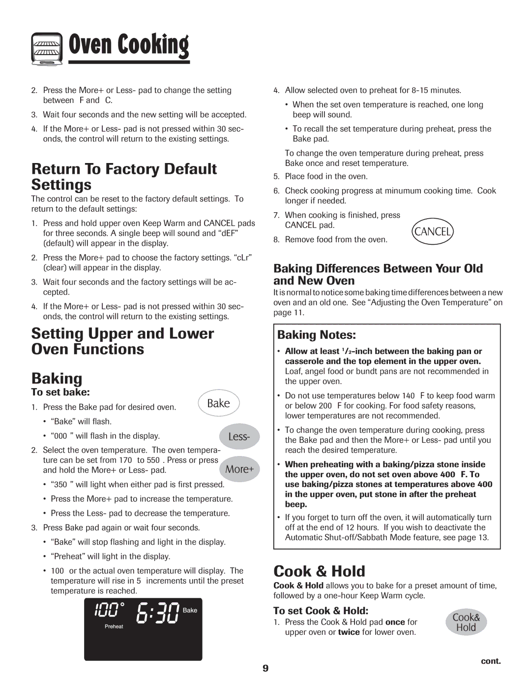 Maytag MGR6751BDW manual Return To Factory Default Settings, Setting Upper and Lower Oven Functions Baking, Cook & Hold 