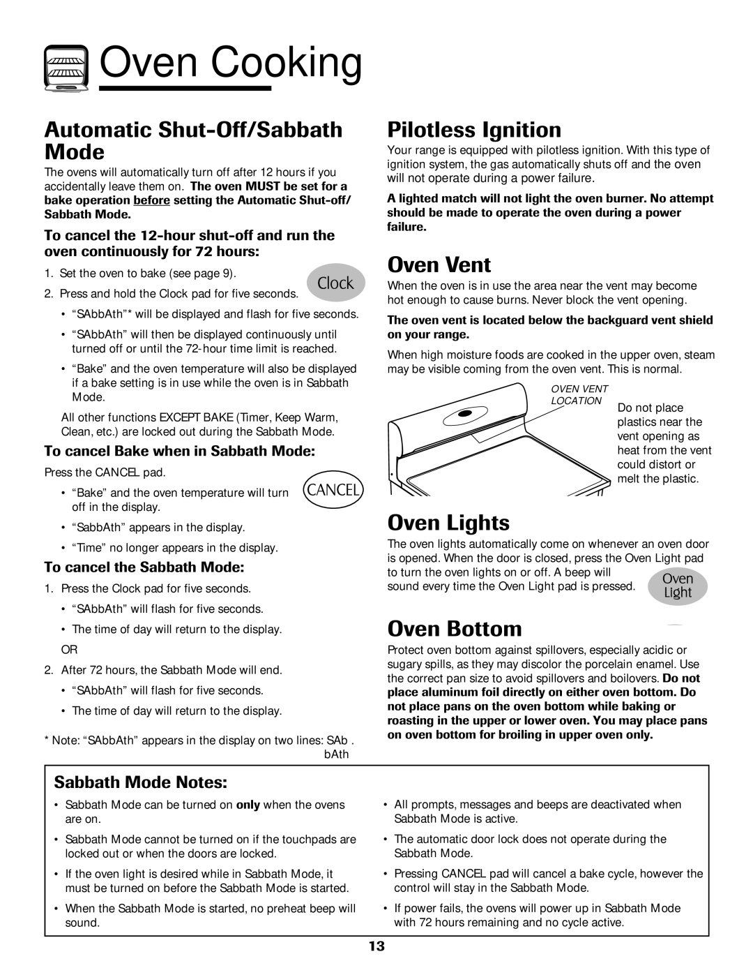 Maytag MGR6751BDW manual Automatic Shut-Off/Sabbath Mode, Oven Vent, Oven Lights, Oven Bottom, Sabbath Mode Notes 