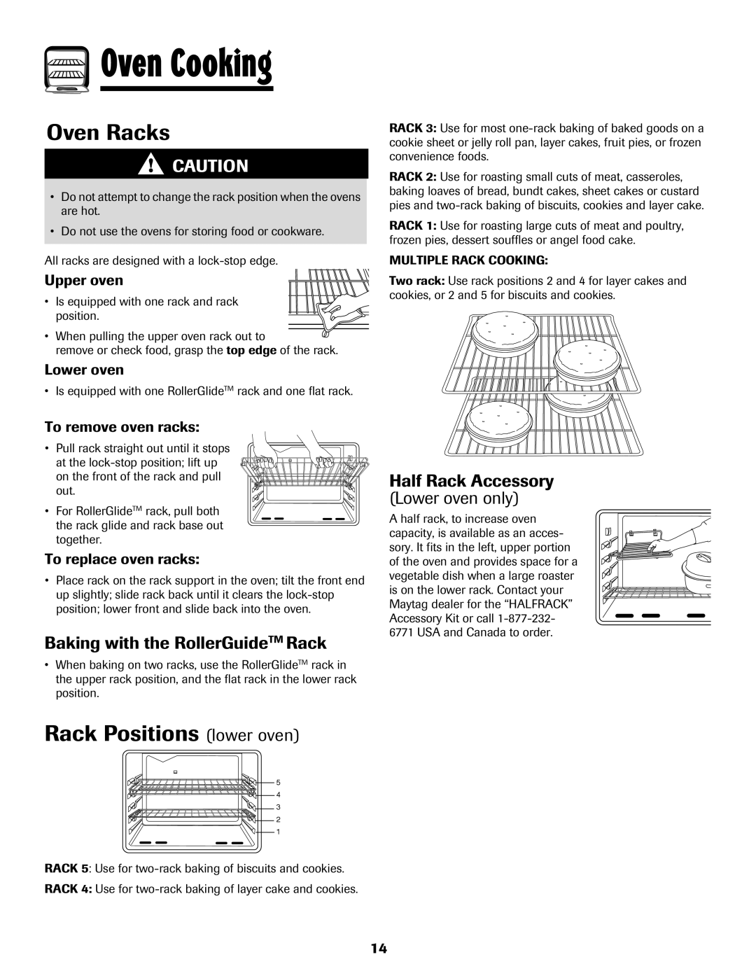 Maytag MGR6751BDW manual Oven Racks, Rack Positions lower oven, Baking with the RollerGuideTM Rack 