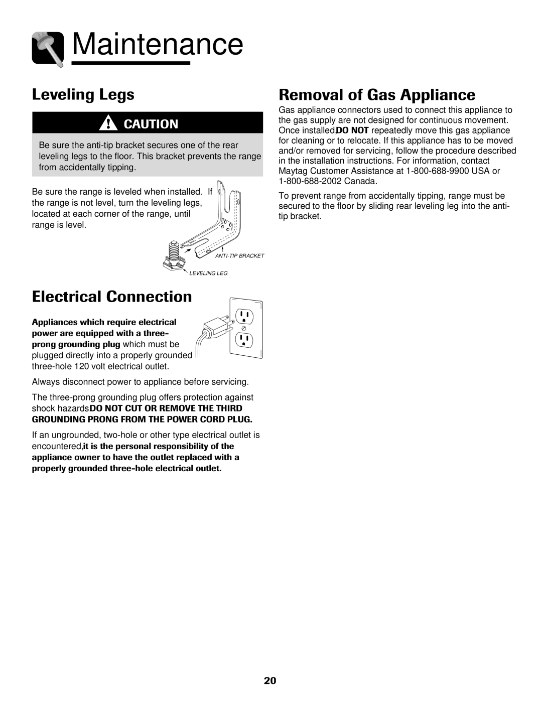 Maytag MGR6751BDW manual Leveling Legs, Electrical Connection, Removal of Gas Appliance 