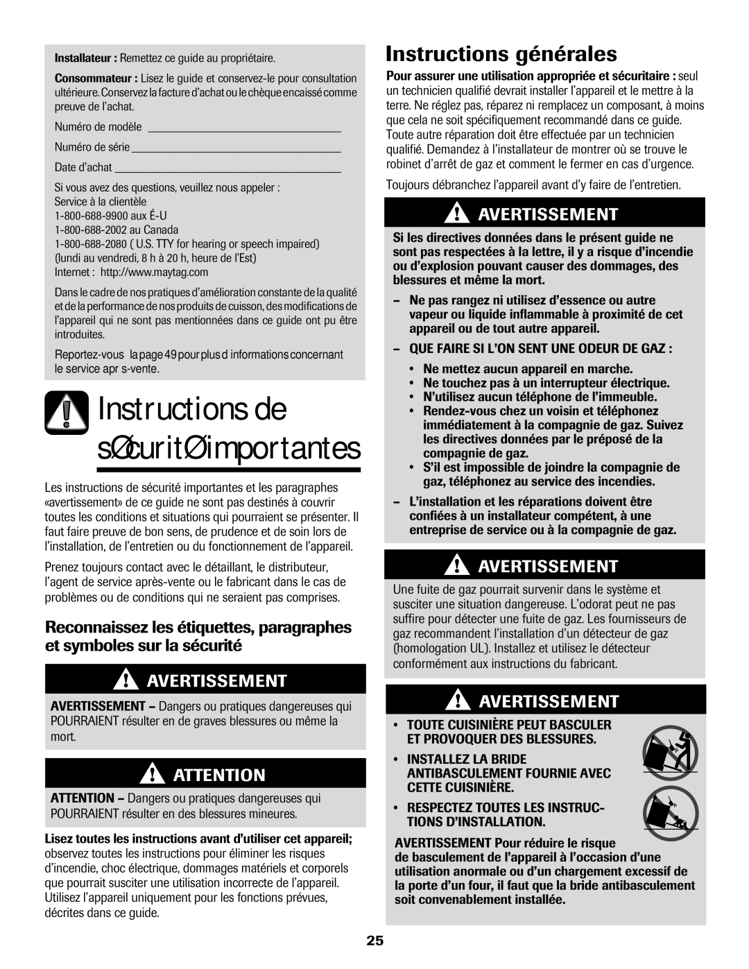 Maytag MGR6751BDW manual Instructions de sécurité importantes, Instructions générales 