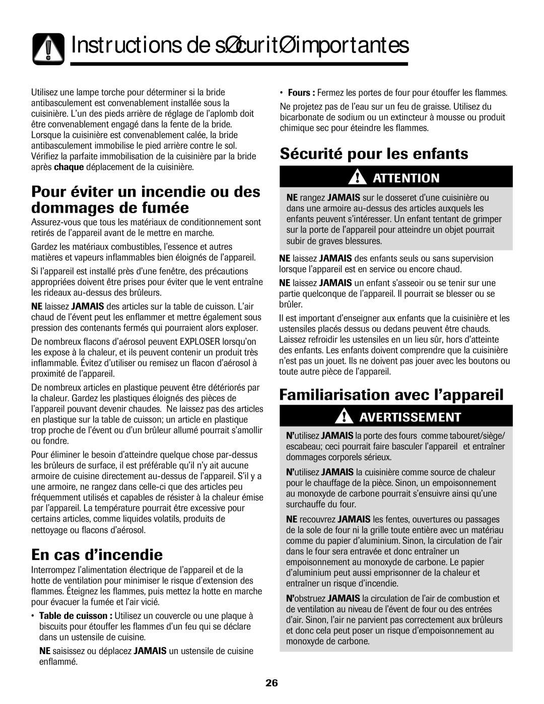 Maytag MGR6751BDW manual Pour éviter un incendie ou des dommages de fumée, En cas d’incendie, Sécurité pour les enfants 