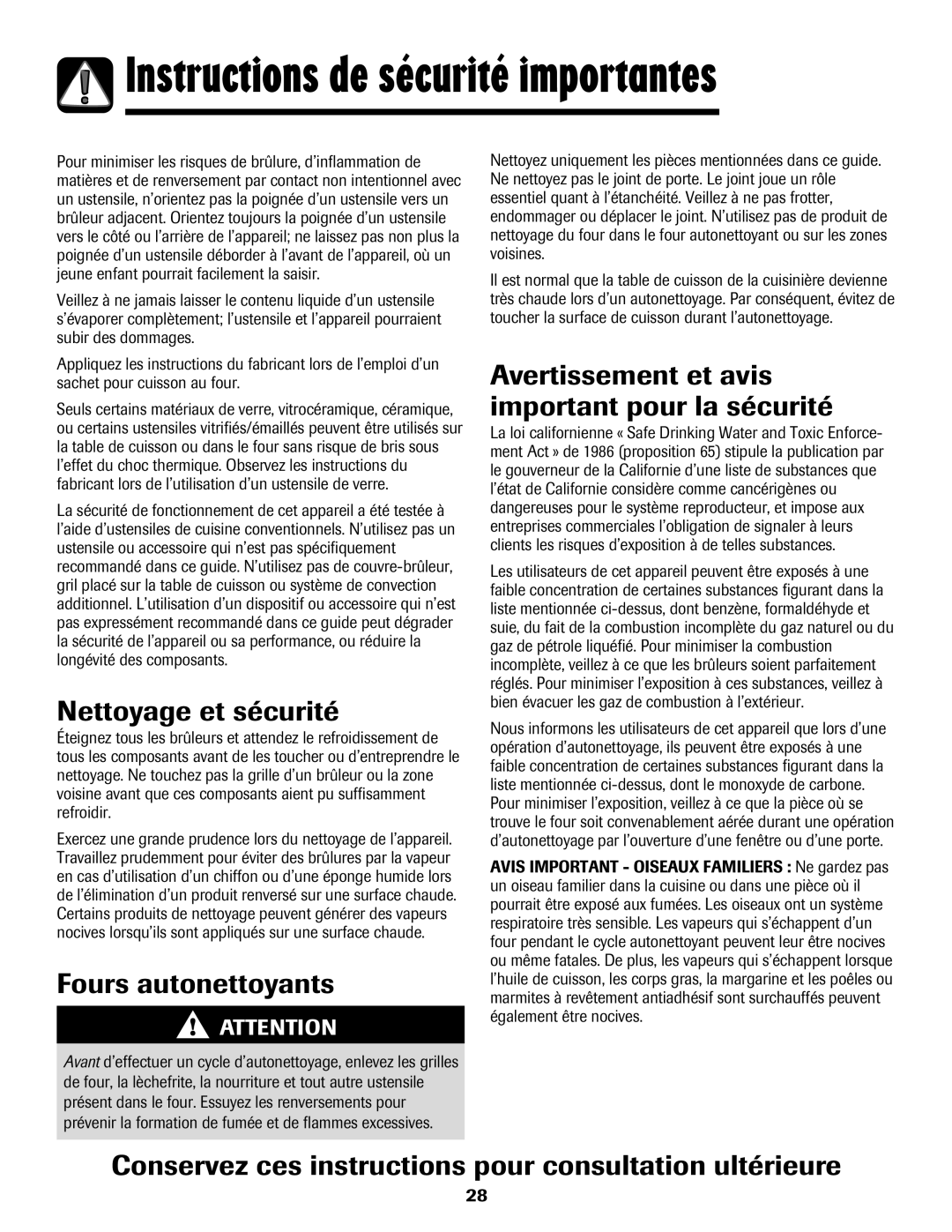 Maytag MGR6751BDW manual Nettoyage et sécurité, Fours autonettoyants, Avertissement et avis important pour la sécurité 