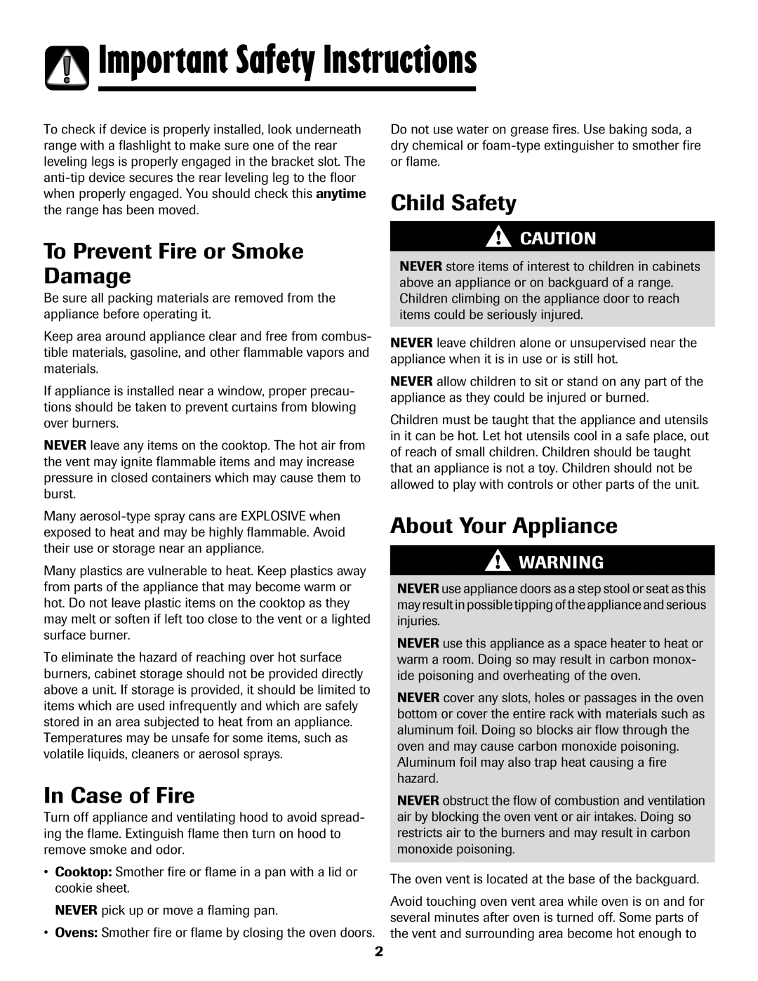 Maytag MGR6751BDW manual Important Safety Instructions, To Prevent Fire or Smoke Damage, Case of Fire, Child Safety 