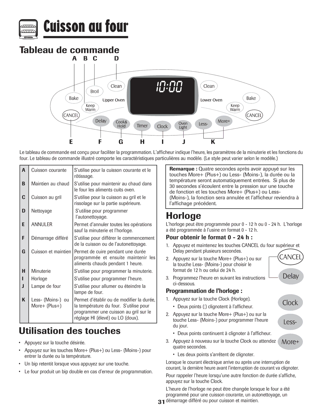 Maytag MGR6751BDW manual Cuisson au four, Tableau de commande, Utilisation des touches, Horloge 