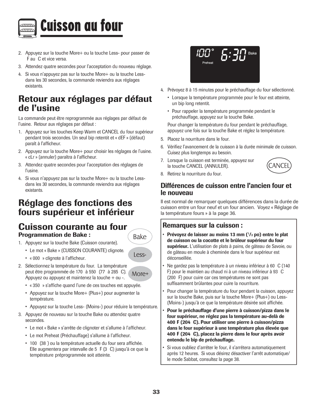 Maytag MGR6751BDW Retour aux réglages par défaut de l’usine, Différences de cuisson entre l’ancien four et le nouveau 