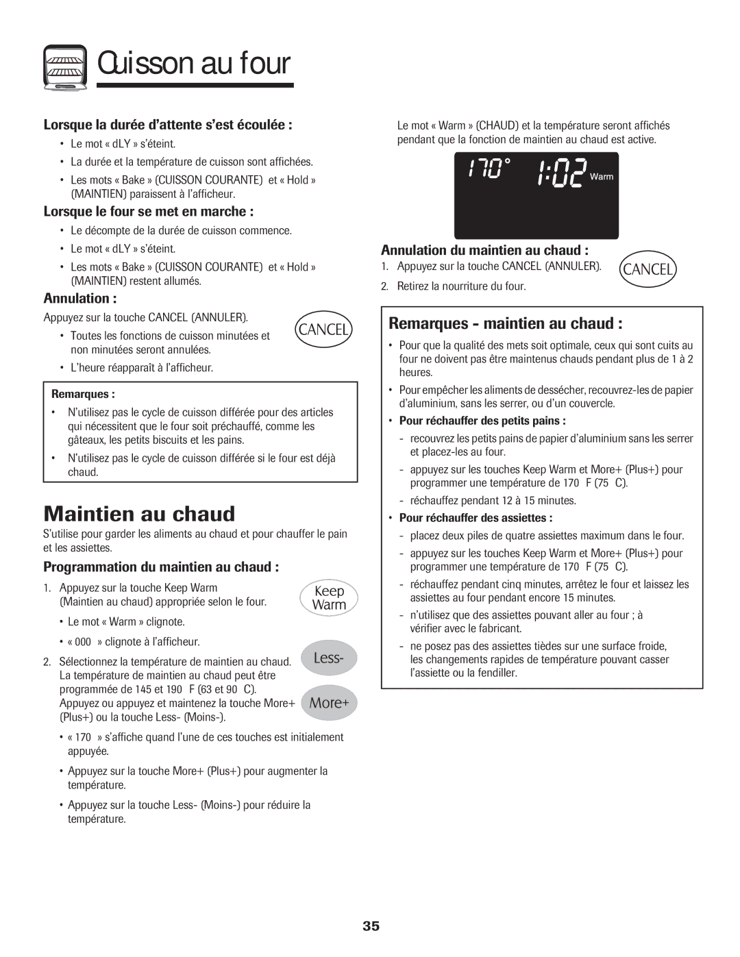 Maytag MGR6751BDW manual Maintien au chaud, Remarques maintien au chaud 