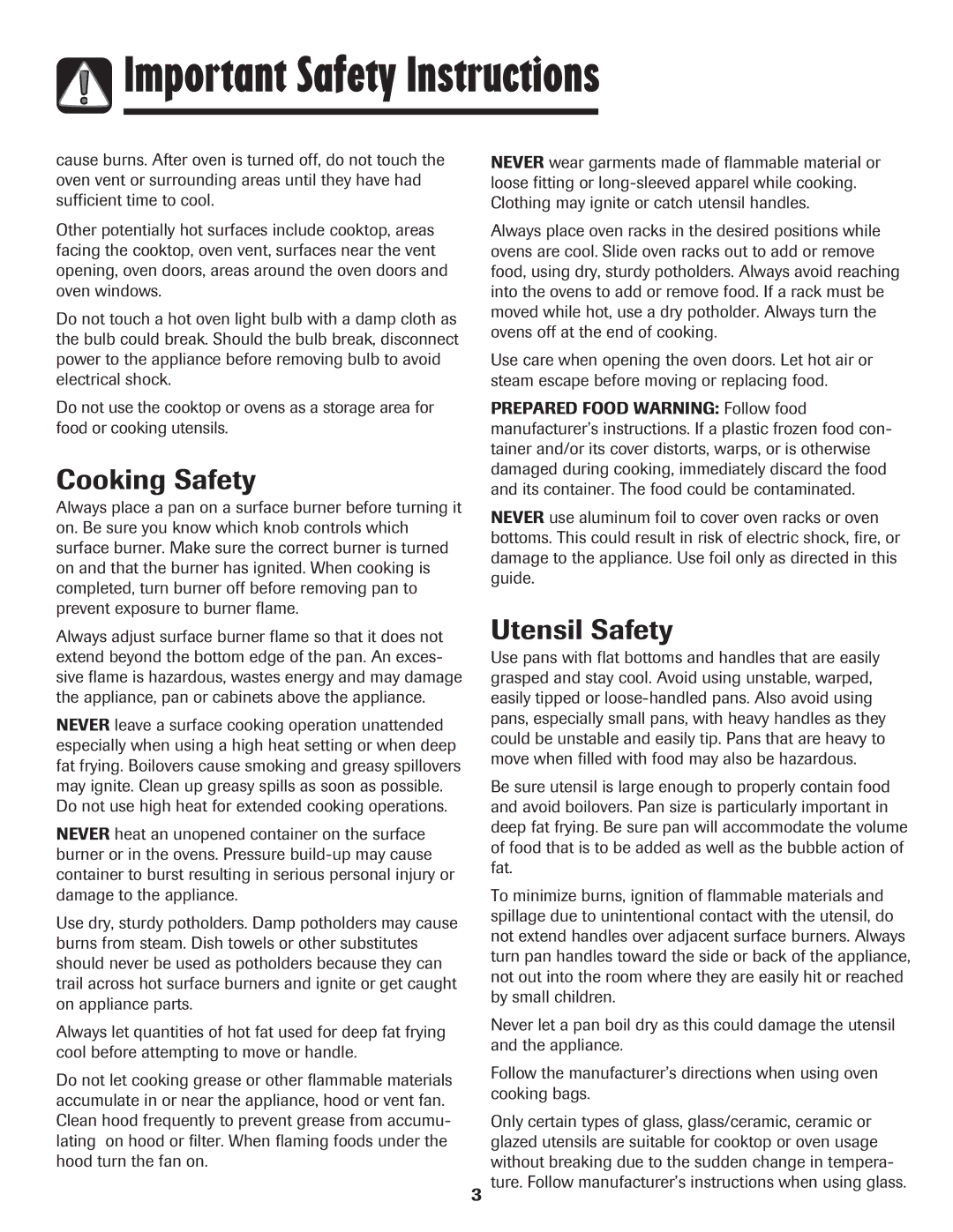 Maytag MGR6751BDW manual Cooking Safety, Utensil Safety 