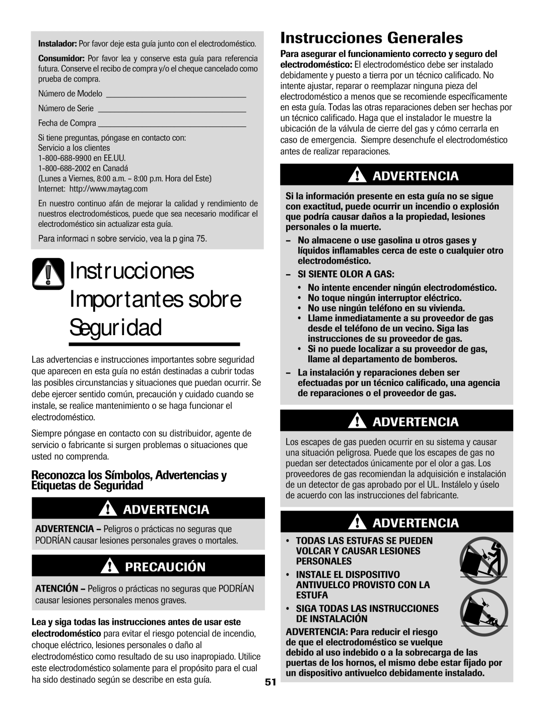 Maytag MGR6751BDW manual Seguridad, Instrucciones Generales 