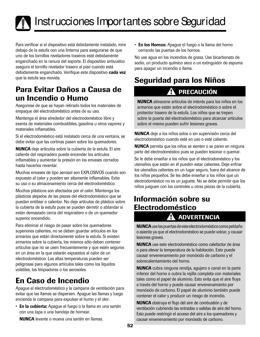 Maytag MGR6751BDW manual Para Evitar Daños a Causa de un Incendio o Humo, En Caso de Incendio, Seguridad para los Niños 