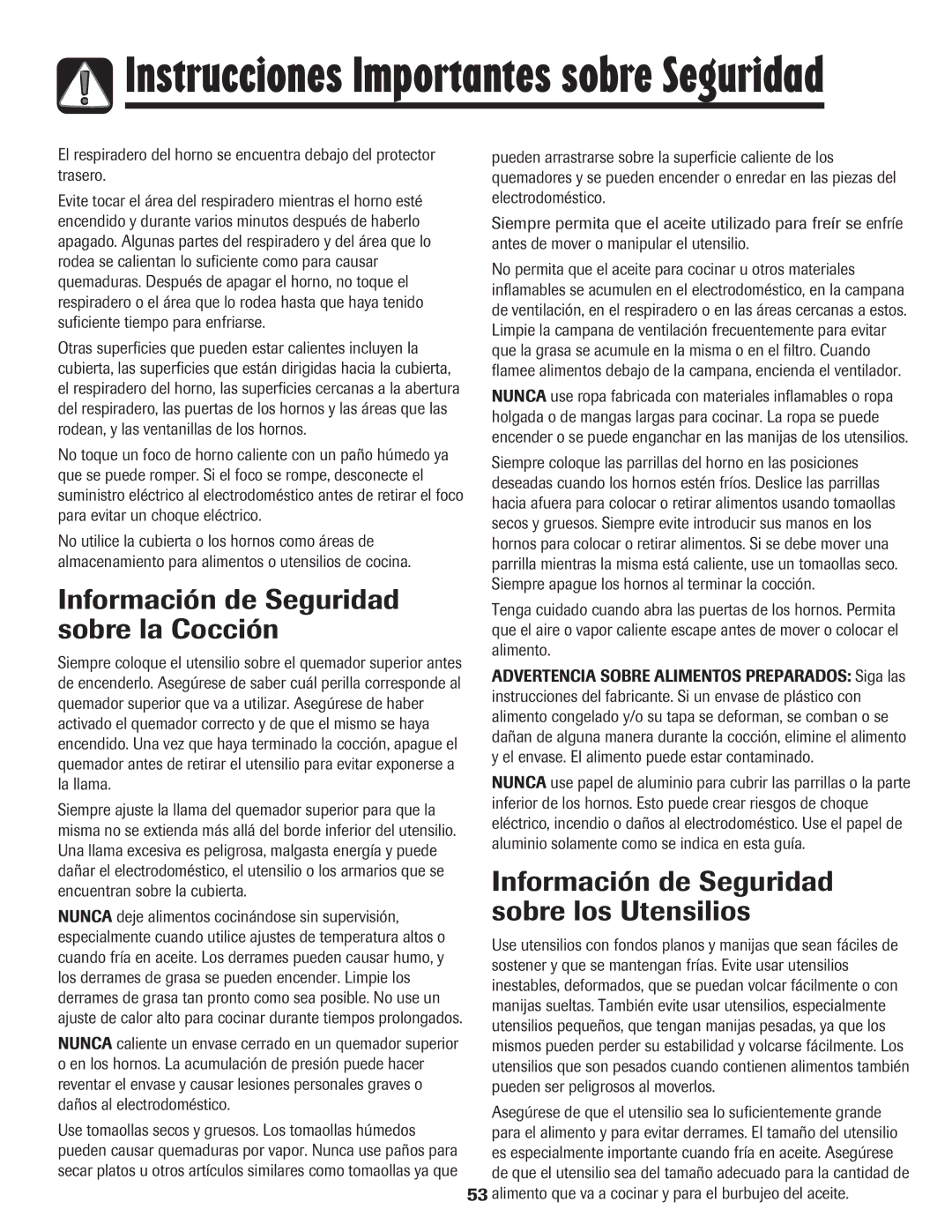 Maytag MGR6751BDW manual Información de Seguridad sobre la Cocción, Información de Seguridad sobre los Utensilios 