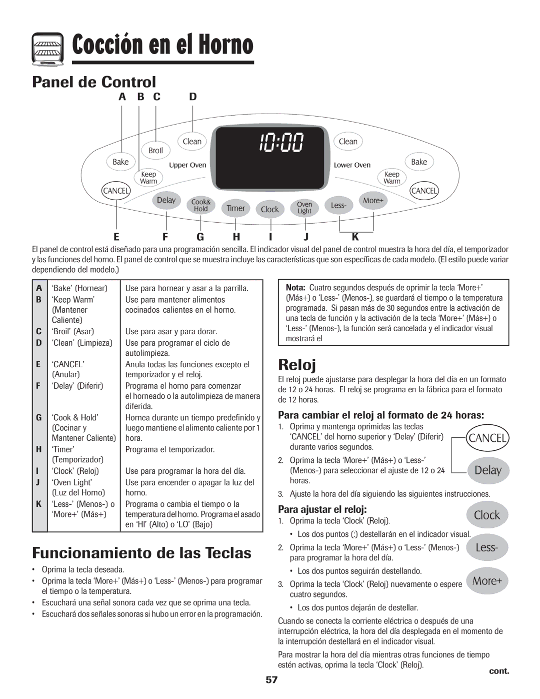 Maytag MGR6751BDW manual Cocción en el Horno, Panel de Control, Funcionamiento de las Teclas, Reloj 