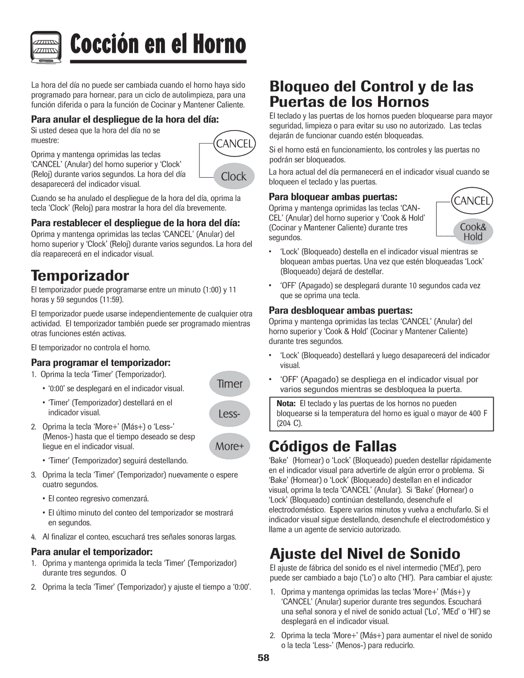 Maytag MGR6751BDW manual Temporizador, Bloqueo del Control y de las Puertas de los Hornos, Códigos de Fallas 