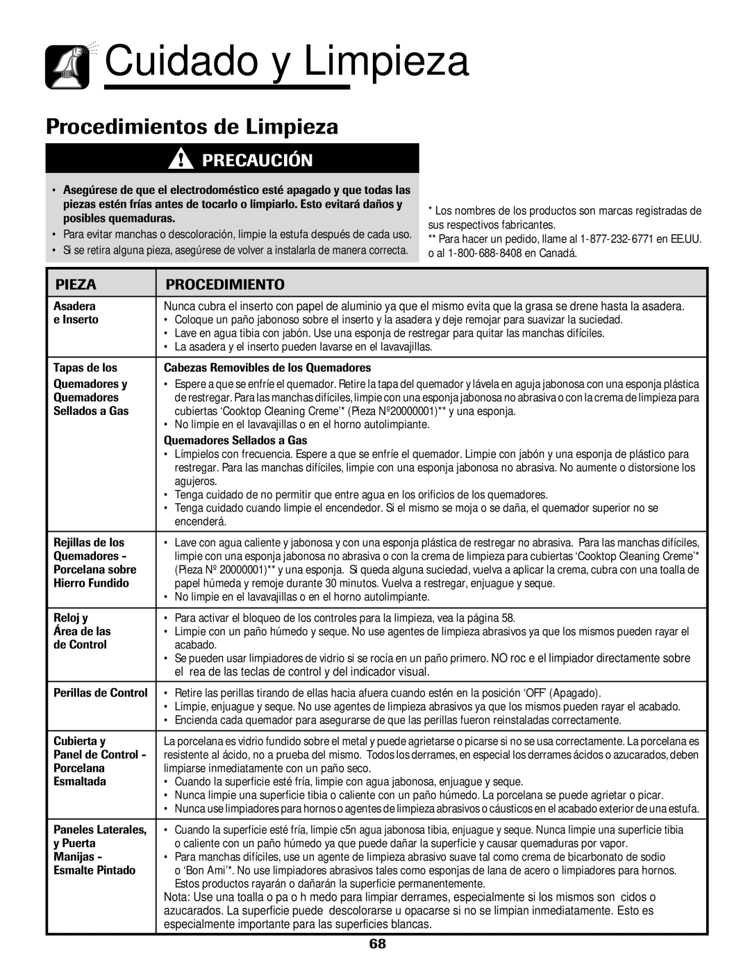 Maytag MGR6751BDW manual Procedimientos de Limpieza, Pieza Procedimiento 