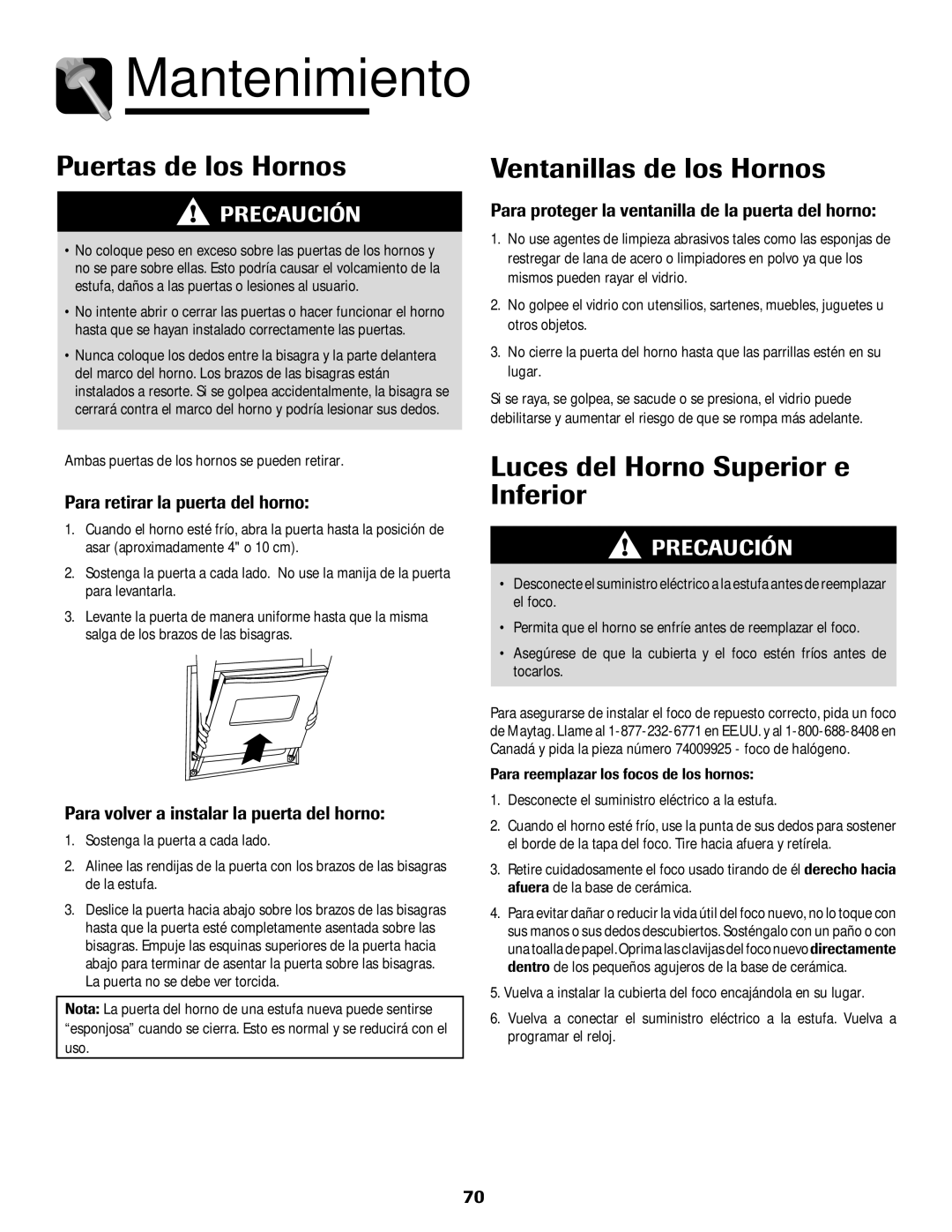 Maytag MGR6751BDW Mantenimiento, Puertas de los Hornos, Ventanillas de los Hornos, Luces del Horno Superior e Inferior 