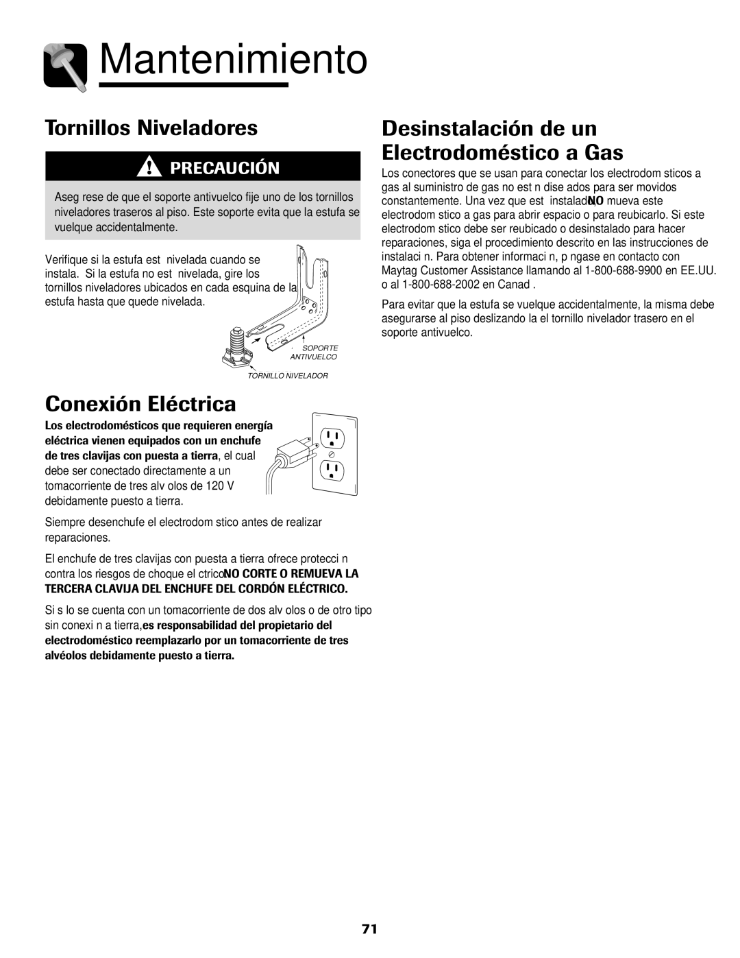 Maytag MGR6751BDW manual Tornillos Niveladores, Conexión Eléctrica, Desinstalación de un Electrodoméstico a Gas 