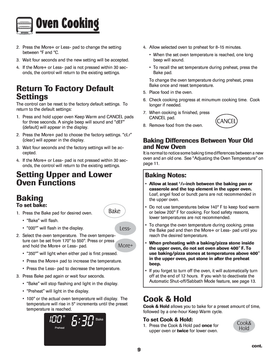 Maytag MGR6751BDW manual Return To Factory Default Settings, Setting Upper and Lower Oven Functions Baking, Cook & Hold 