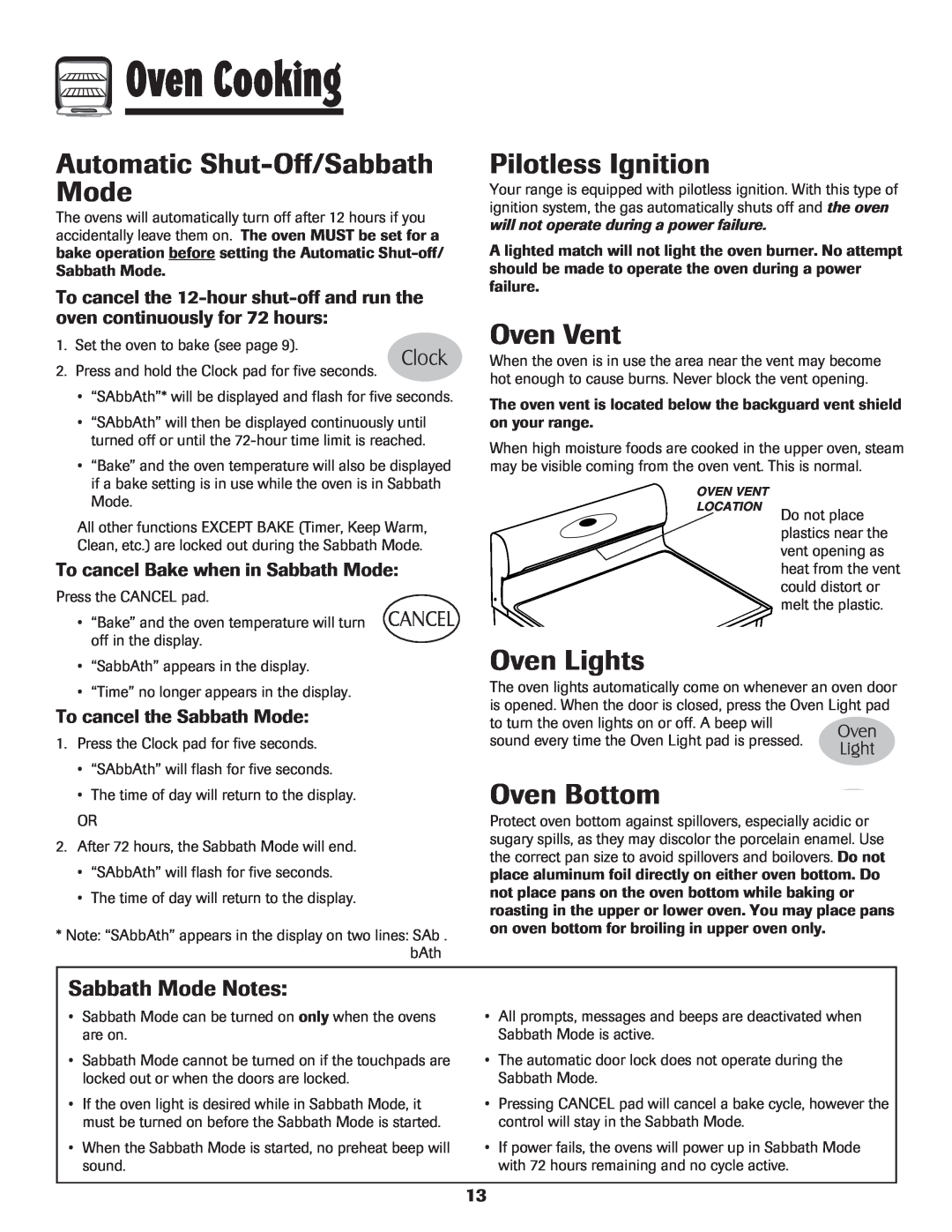 Maytag MGR6751BDW Automatic Shut-Off/SabbathMode, Oven Vent, Oven Lights, Oven Bottom, Sabbath Mode Notes, Oven Cooking 