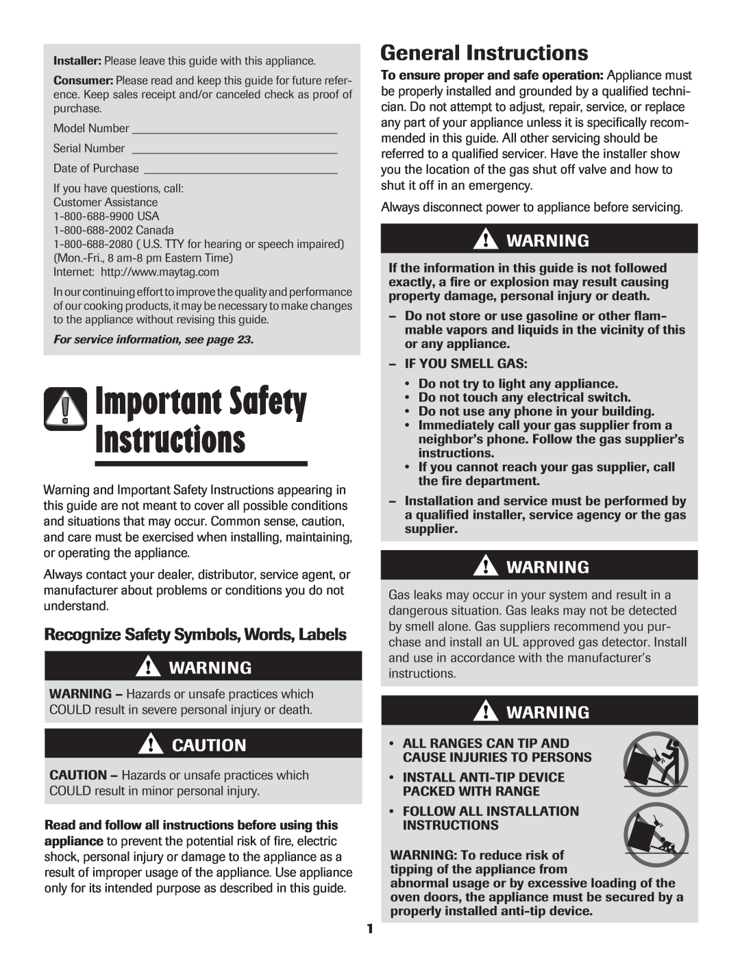 Maytag MGR6751BDW manual Important Safety, General Instructions, Recognize Safety Symbols, Words, Labels 