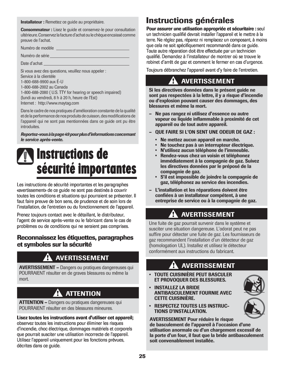 Maytag MGR6751BDW manual Instructions générales, Avertissement, Instructions de sécurité importantes 