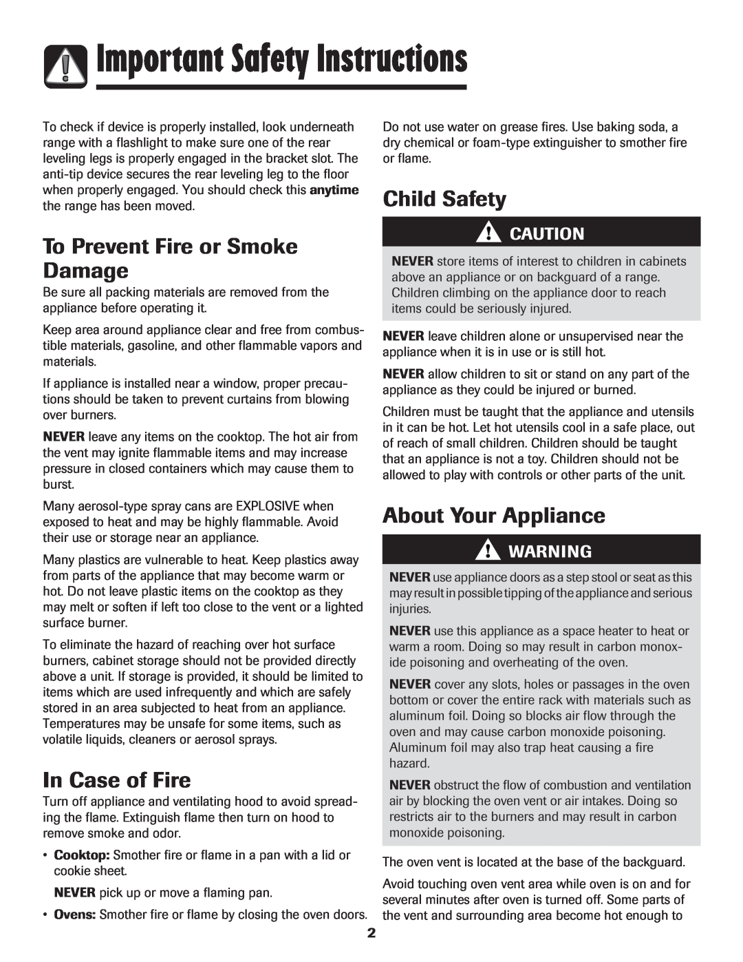 Maytag MGR6751BDW manual Important Safety Instructions, To Prevent Fire or Smoke Damage, In Case of Fire, Child Safety 