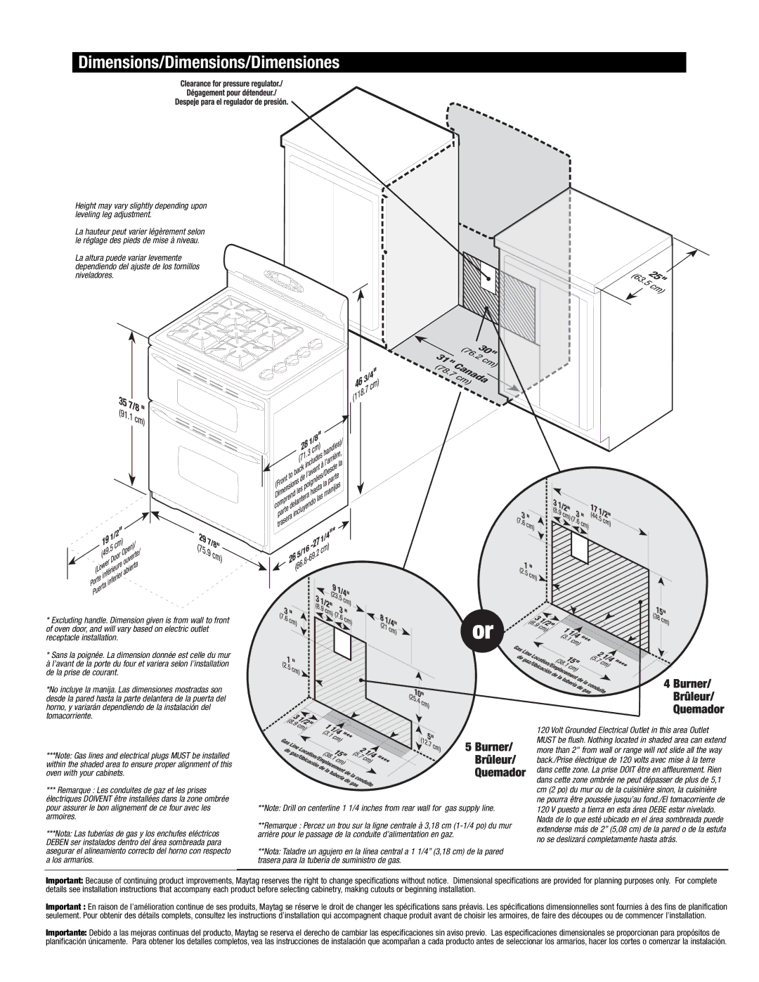 Maytag MGR6875, MGR6775 installation instructions Dimensions/Dimensions/Dimensiones 